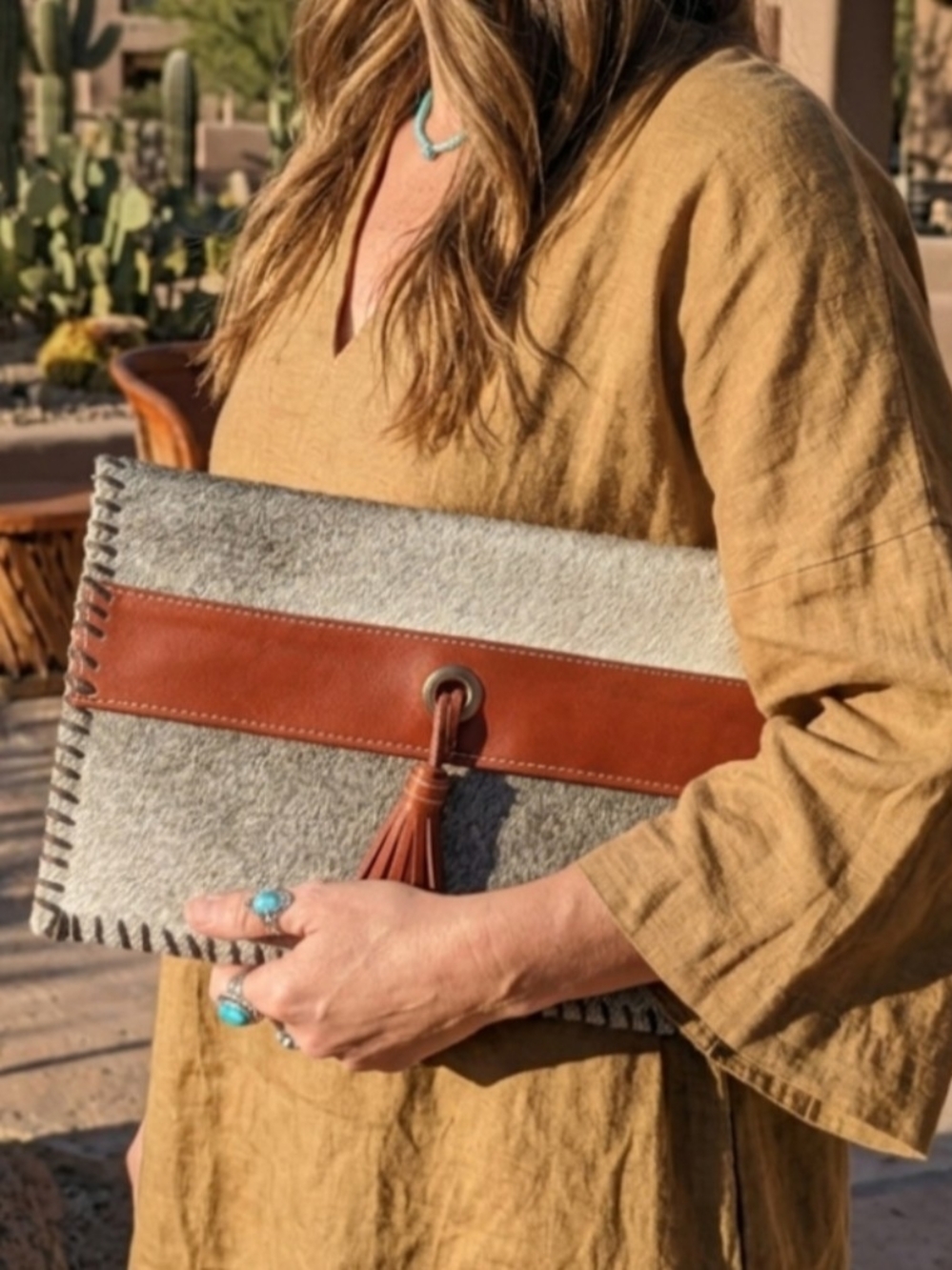 Soul Carrier Leather & Hair on Hide Clutch Handcrafted Cowhide Tassel Bag Grey